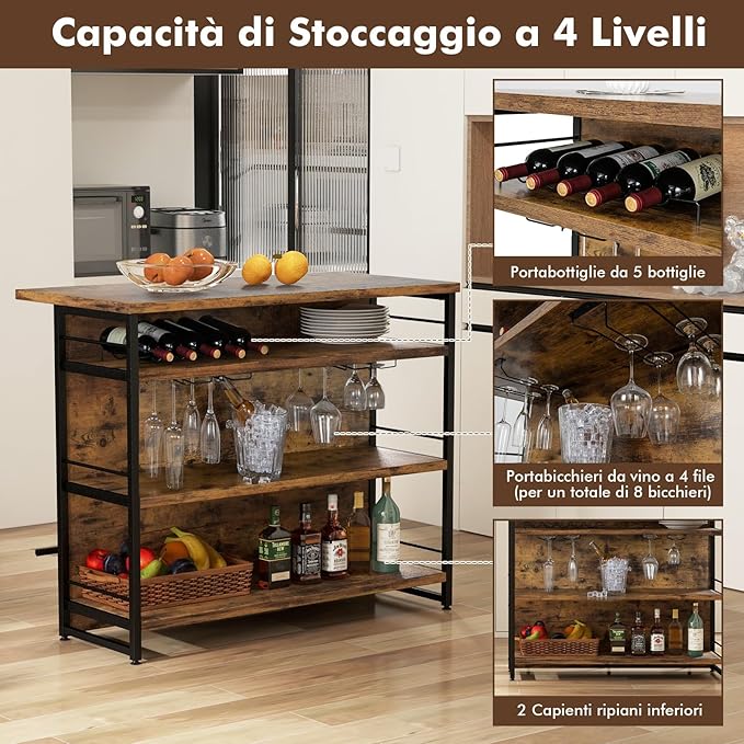 Isola per Cucina con Ampio Piano di Lavoro, Mobile da Cucina con 3 Ripiani Aperti, Poggiapiedi e Piedini Regolabili, Struttura in Metallo, per Cucina, Soggiorno, 120 x 60 x 101cm (Marrone)