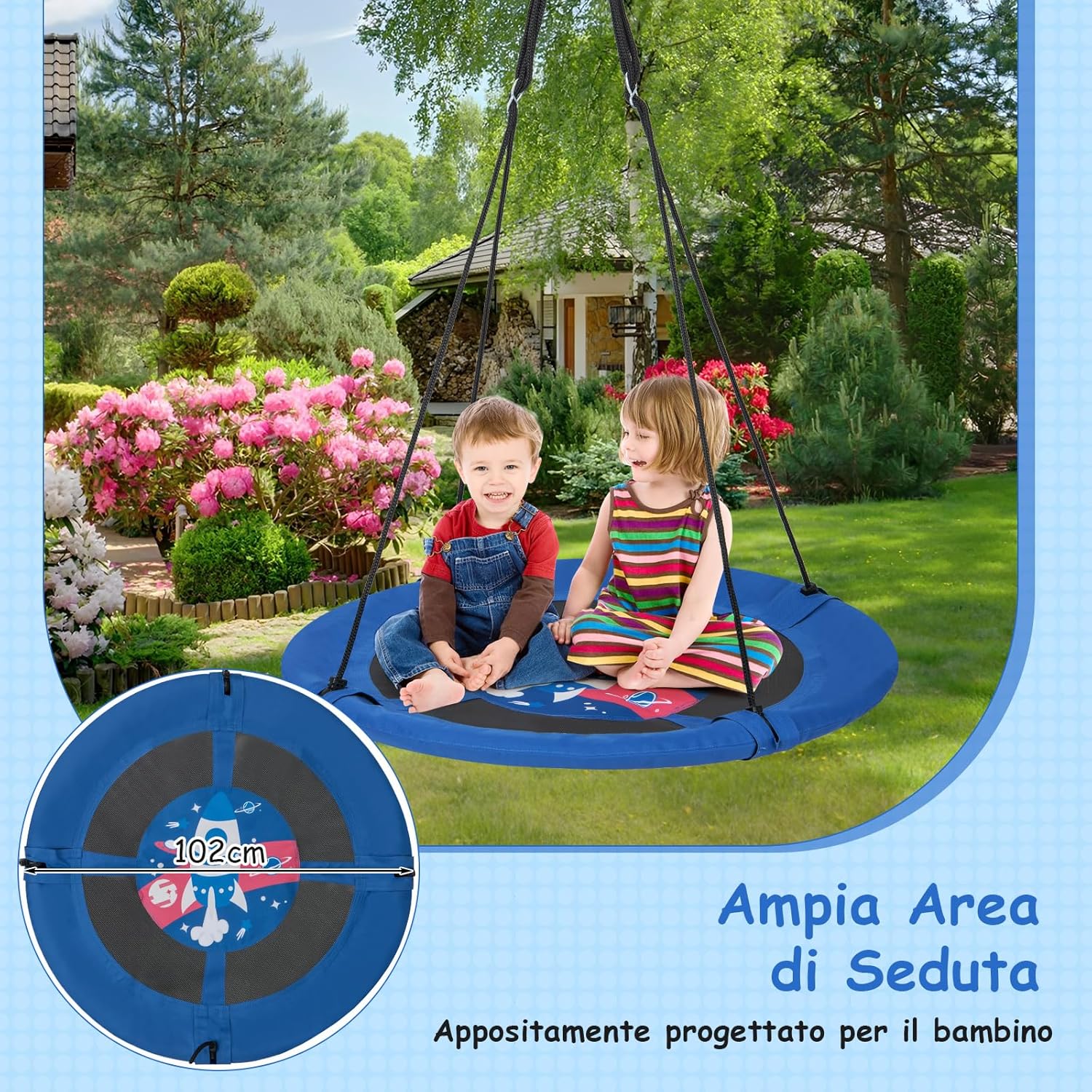 Altalena a Nido da 102 cm per Bambini, Altalena Rotonda con Corde Regolabili, Ideale per Cortile e Giardino, CapacitÃ  di Carico 100 kg (Razzo)