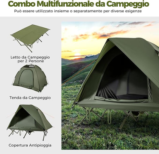 Tenda da Campeggio per 2 Persone, Tenda Impermeabile e Pieghevole per Adulti con Riparo Esterno, Borsa con Ruote Portatile, 2 Porte a Rete e Tetto con Lucernario per Campeggio e Spiaggia