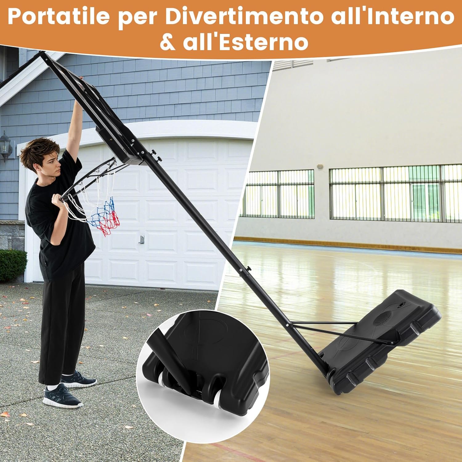 Canestro da Basket Regolabile 125-305 cm in Altezza per Bambini ed Adulti, Canestro con Piantana a Ruote, Canestro con Asta e Base Riempibile per Interno ed Esterno, Nero