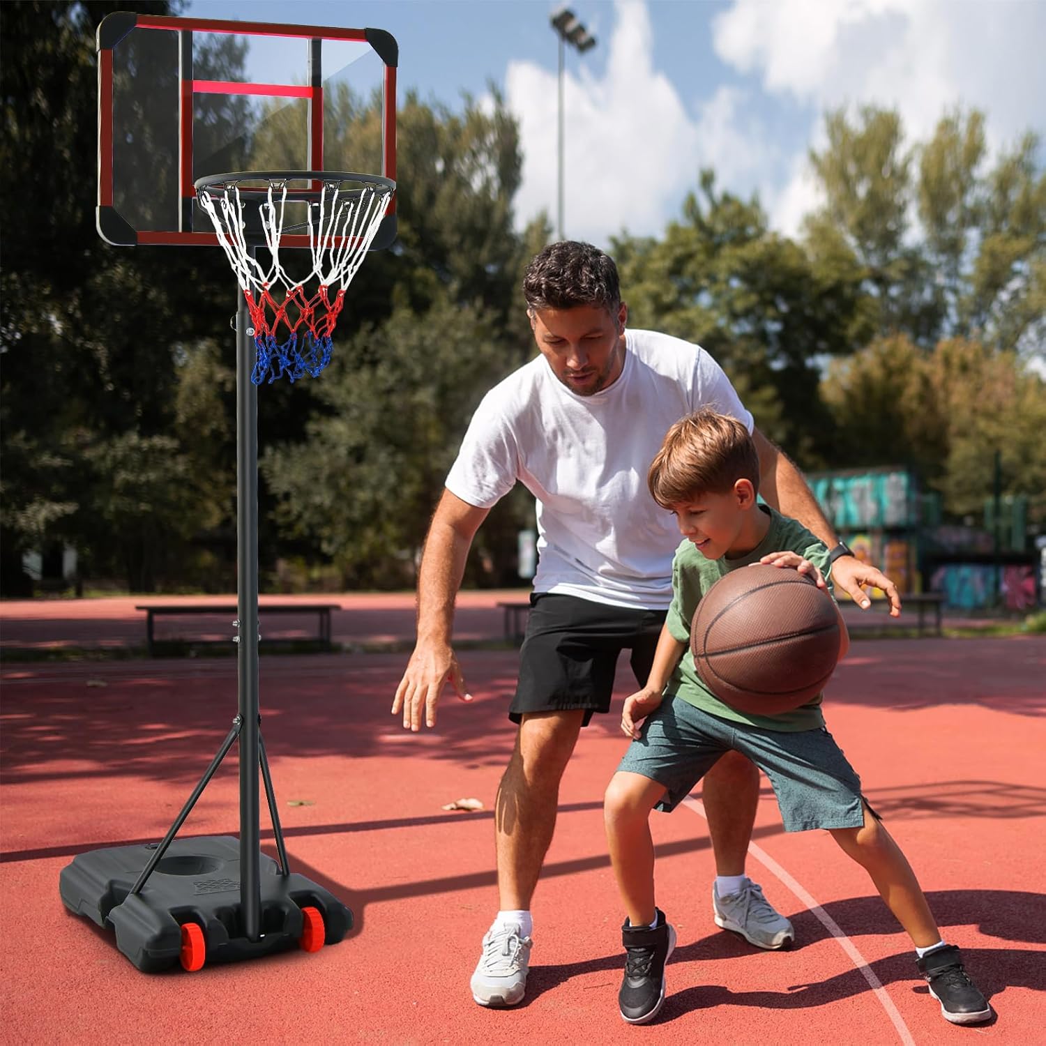 Canestro da Basket Regolabile in Altezza 193-248 CM, Canestro da Basket da Esterno ed Interno con Ruote e Supporto per Pallone, Canestro da Basket per Parco, Casa e Giardino
