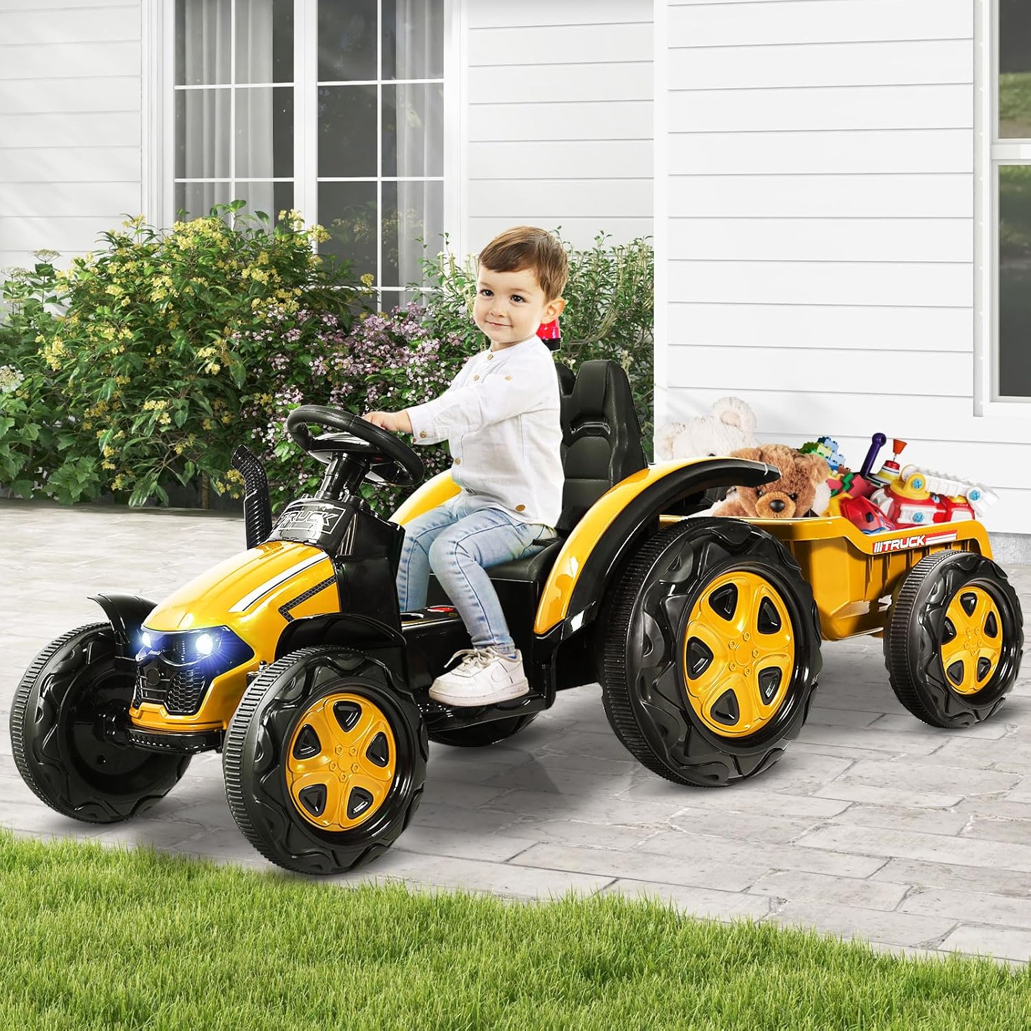 Trattore Elettrico per Bambini con Rimorchio, 2 in 1 Go Kart e Trattore per Bambini 3-8 Anni, con Telecomando e Cintura di Sicurezza a 2 Punti (Giallo)