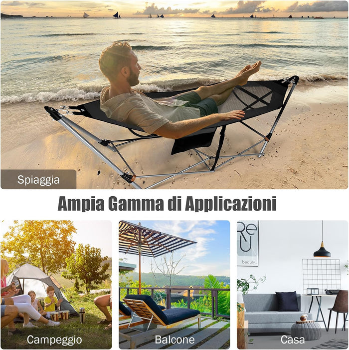 Amaca Pieghevole, Amaca con Tasca Laterale, Amaca con Supporto in Metallo e Fibbie Antiribaltamento, per Interno ed Esterno, Fino a 150 kg(Nero)