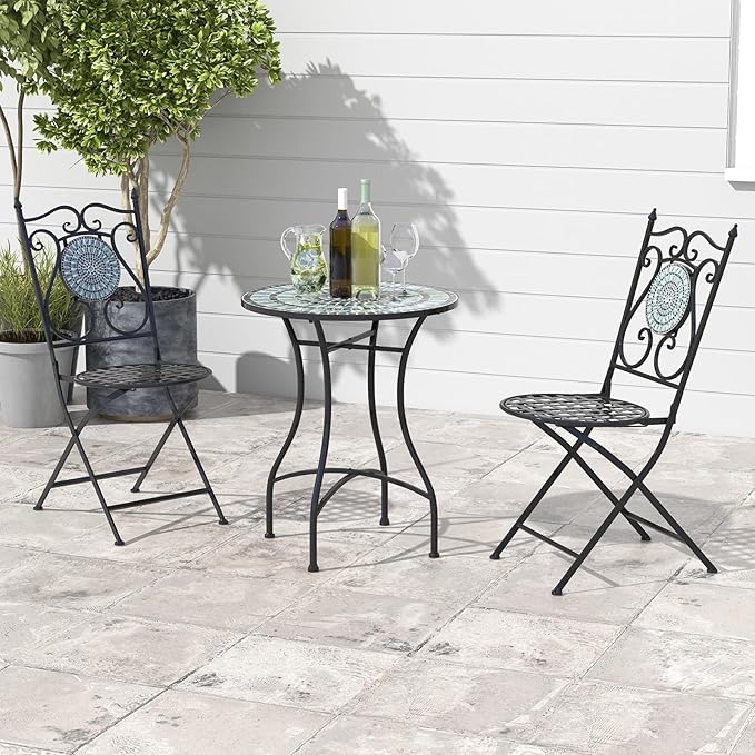 Set da Giardino 3 Pezzi,Set da Pranzo in Metallo Robusto a Mosaico, con 2 Sedie Pieghevoli, Set Tavolo e Sedie per Interno ed Esterno (Nero+Grigio)