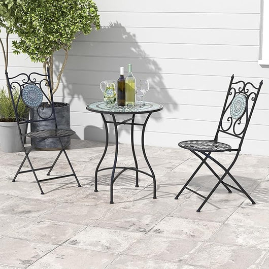Set da Giardino 3 Pezzi,Set da Pranzo in Metallo Robusto a Mosaico, con 2 Sedie Pieghevoli, Set Tavolo e Sedie per Interno ed Esterno (Nero+Grigio)
