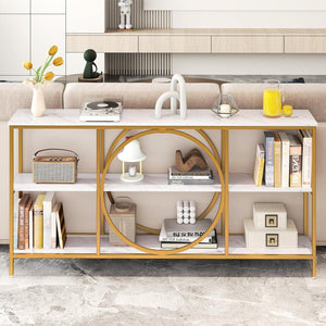 Tavolo Consolle a 3 Piani, Tavolo d’Ingresso con Piano in Legno, Struttura in Metallo e Ripiani, Tavolo per Corridoio, Soggiorno e Ingresso, 180 x 30 x 90 cm (Bianco e oro)