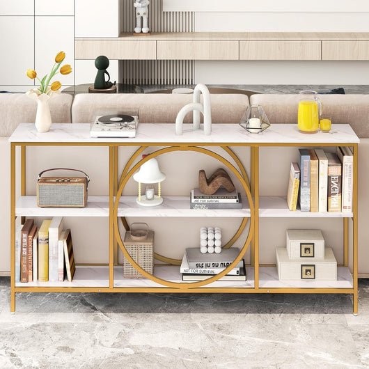 Tavolo Consolle a 3 Piani, Tavolo d’Ingresso con Piano in Legno, Struttura in Metallo e Ripiani, Tavolo per Corridoio, Soggiorno e Ingresso, 180 x 30 x 90 cm (Bianco e oro)