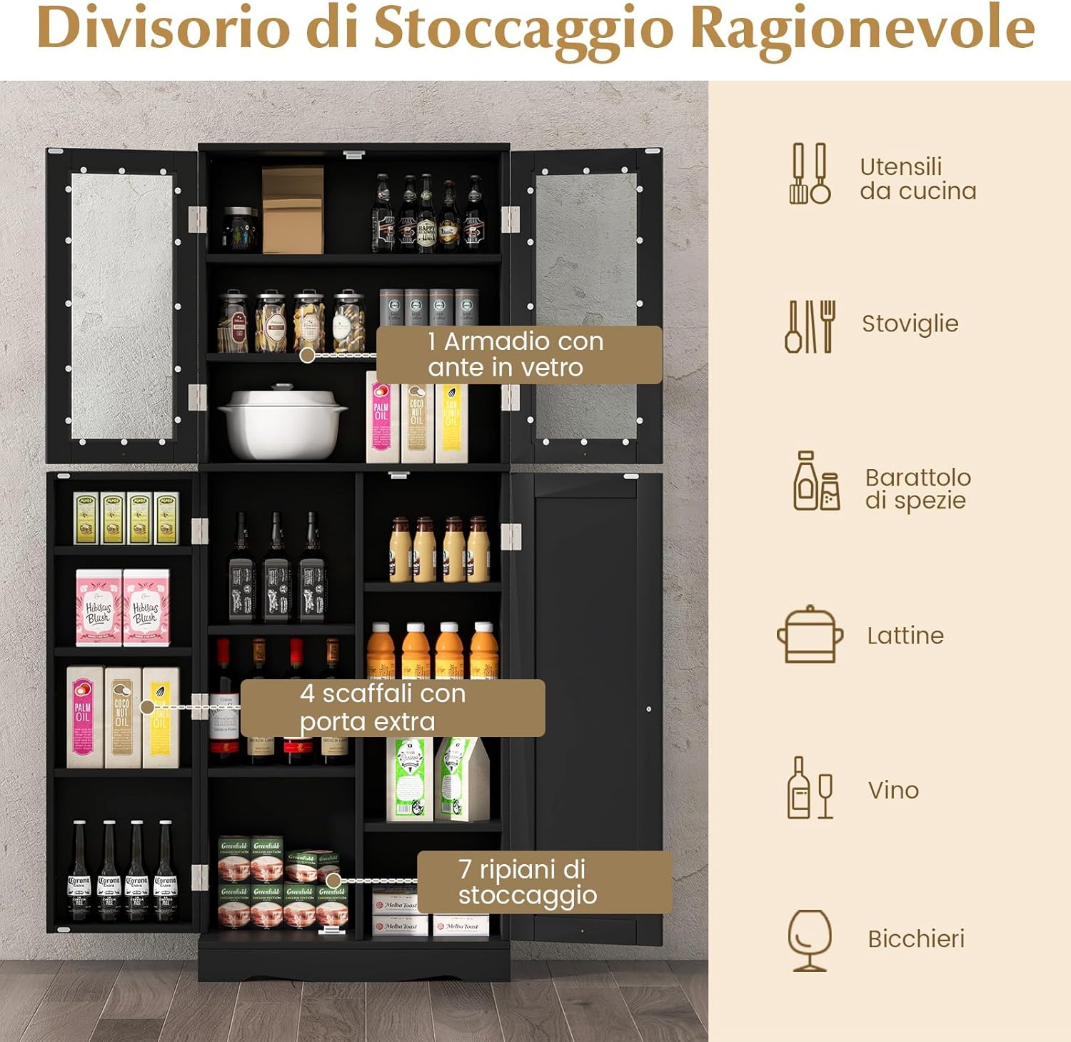 Credenza da Cucina, Dispensa da Cucina con Doppia Porta in Vetro Temperato, Design Antiribaltamento, Ideale per Soggiorno Sala da Pranzo e Cucina, 60x31,5x161,5 cm (Nero)