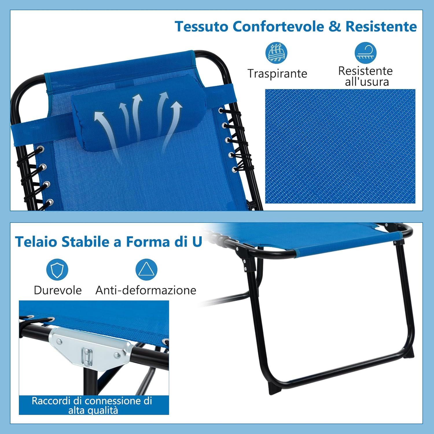 Sedia a Sdraio Pieghevole, Lettino da Giardino con Schienale a 4 Livelli, Tasca Laterale e Poggiatesta Staccabile, Ideale per Giardino, Piscina, Campeggio, Portata 150 kg (Blu)