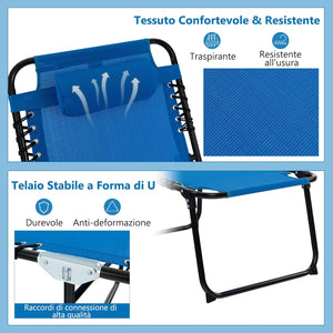 Sedia a Sdraio Pieghevole, Lettino da Giardino con Schienale a 4 Livelli, Tasca Laterale e Poggiatesta Staccabile, Ideale per Giardino, Piscina, Campeggio, Portata 150 kg (Blu)