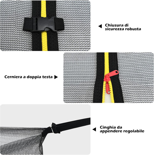 Rete di Sicurezza Sostitutiva per Trampolino da Esterno con Diametro 244 cm/305 cm/366 cm/427 cm/457 cm/488 cm, con Doppia Cerniera e Fibbie Protettive