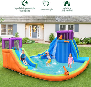 Castello Gonfiabile per Bambini con 2 Torre e Cannoni d’Acqua, Castello Gonfiabile con 2 Scivoli, Muro di Arrampicata e Canestro, Parco Acquatico per Bambini da 3+ Anni