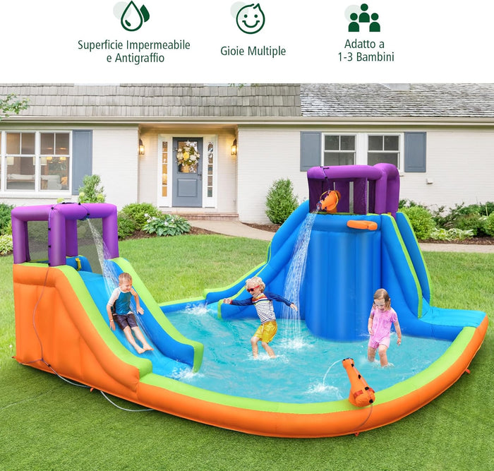 Castello Gonfiabile per Bambini con 2 Torre e Cannoni d’Acqua, Castello Gonfiabile con 2 Scivoli, Muro di Arrampicata e Canestro, Parco Acquatico per Bambini da 3+ Anni