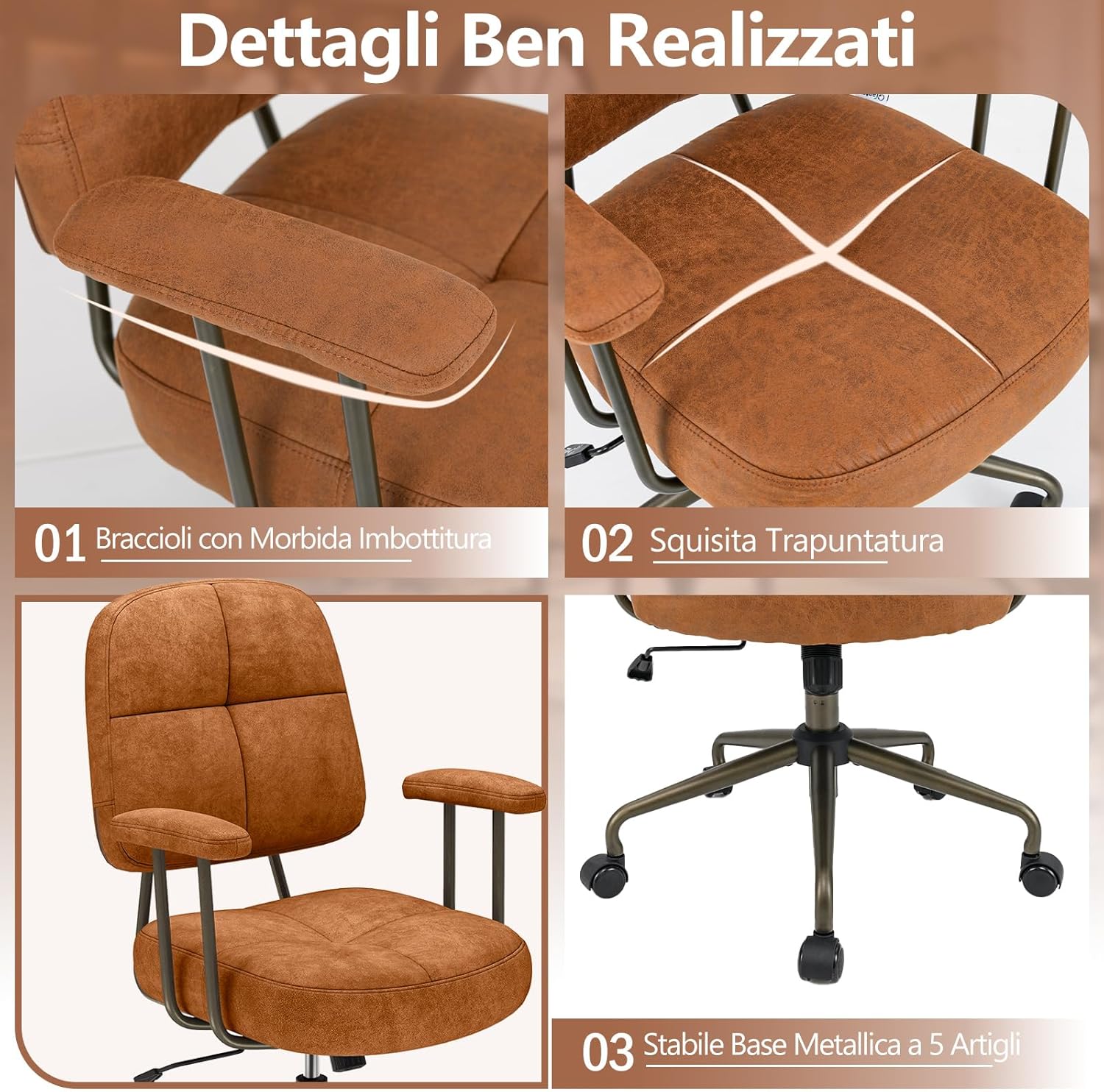 Sedia da Ufficio, con Schienale e Braccioli, Sedia Girevole Regolabile con Funzione a Dondolo e Ruote per Camera da Letto, Studio, Portata 150 kg (Marrone)