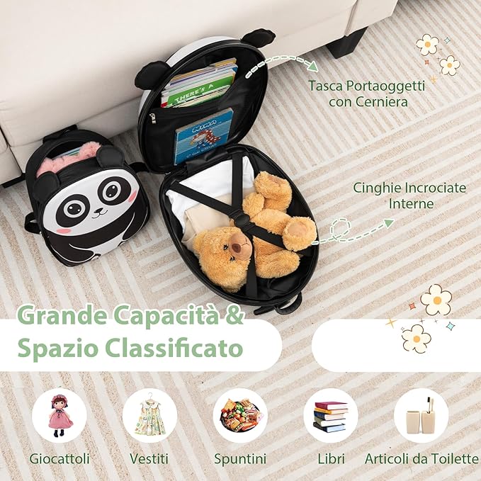 2 Pezzi Valigia per Bambini con Maniglia Retrattile + Zaino Bagaglio a Mano, con ruote girevoli a 360 ° (panda)