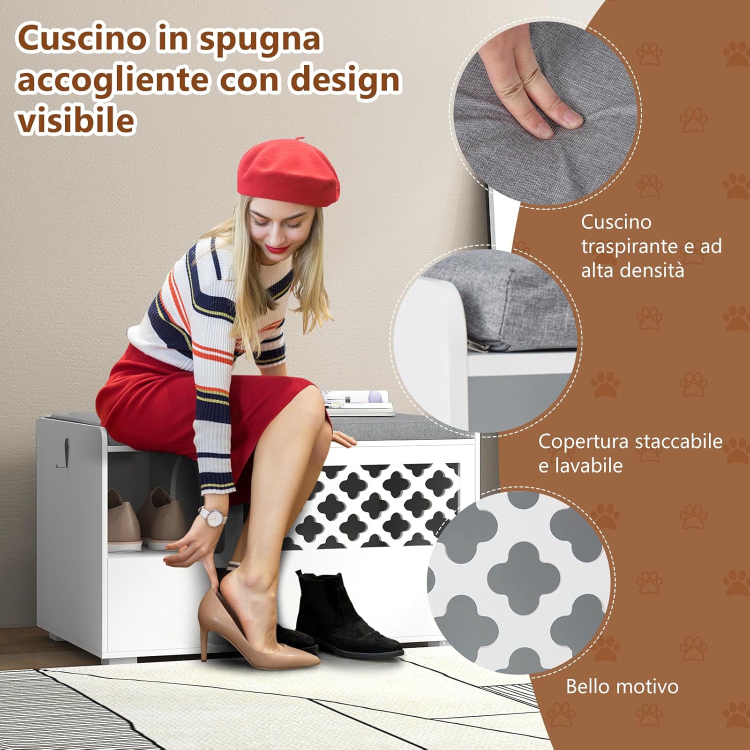 Mobile per Lettiera per Gatti, Panca per Lettiera per Gatti, Mobile Contenitore con Cuscino Rimovibile per Gatti da Interno, Bianco, 90 x 48,5 x 52 cm