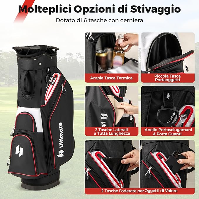 Borsa da Golf per Carrello con 14 Scomparti, Organizzatore Portatile per Mazze da Golf con Tasca Frigo, Tracolla Regolabile, Cappuccio Antipioggia e Porta Ombrello per Uomo e Donna
