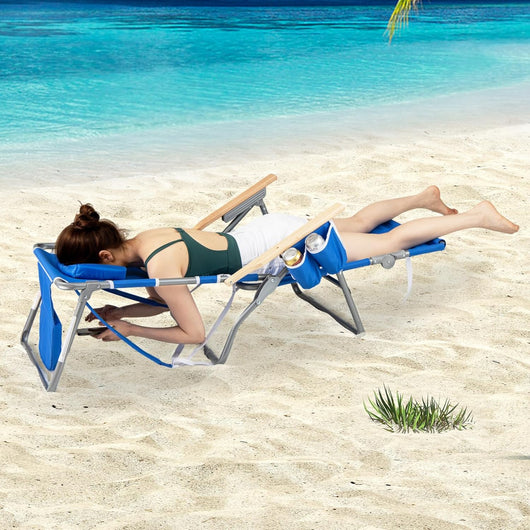 Sedia a sdraio pieghevole, poltrona abbronzante con foro per viso, poggiapiedi e schienale regolabili, borsa da viaggio, sedia da spiaggia portatile reclinabile per campeggio, piscina (blu)