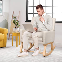 Poltrona a Dondolo, Poltrona a Dondolo Imbottita con Base in Legno Massello, Sedia a Dondolo Moderna per Soggiorno, Camera da Letto, Ufficio, Beige