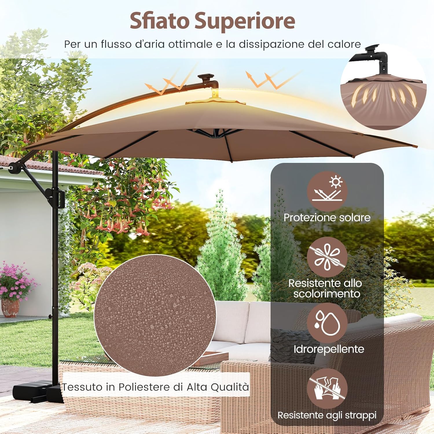 Ombrellone da Giardino 290 cm, con 96 Luci LED, Ombrellone Esterno con Base, Inclinazione Regolabile, Rotazione a 360°, Manovella, Parasole da Giardino (Marrone)