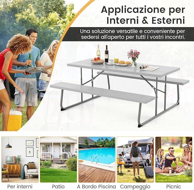 Tavolo da Picnic Pieghevole con 2 Panche, Set di Tavolo da 183 cm con Telaio in Metallo, Piano in HDPE, con Foro per Ombrellone, Tavolo da Pranzo da Giardino, Portata Totale 650 kg (Grigio)