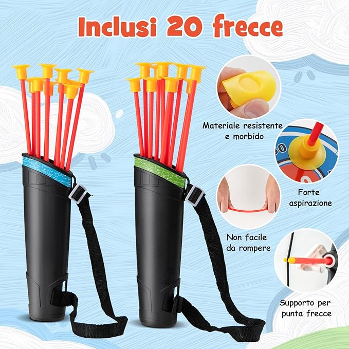 Set di 2 Archi e Frecce per Bambini, Giocattoli con Arco e Frecce LED con 20 Frecce a Ventosa, Fasce per Interni ed Esterni, per Ragazzi 3 anni +