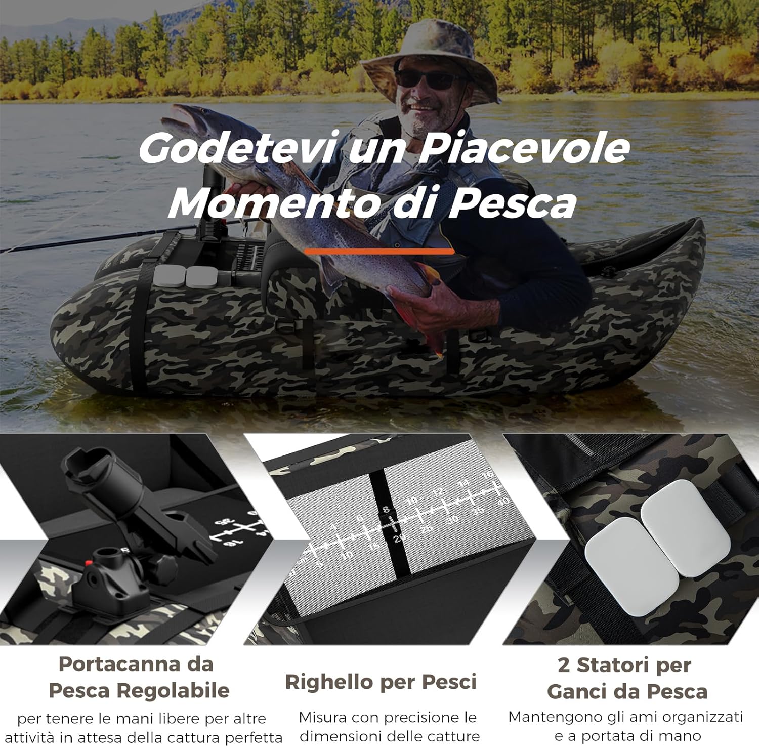 Belly Boat da Pesca Portatile, Gommone Gonfiabile da Pesca con Porta Canne Regolabile, Pompa, Pagaia in Alluminio, Spallacci e Kit di Riparazione, Barca da Mare con 2 Pinne, capacità 160kg
