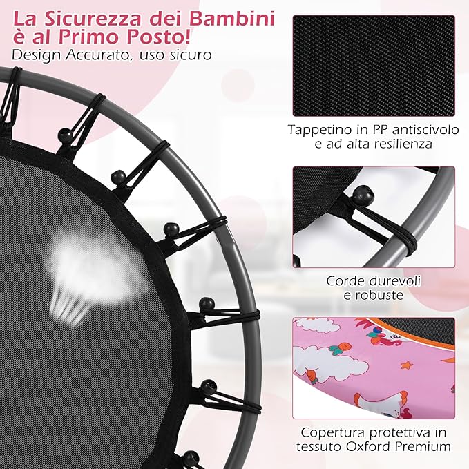Trampolino per Bambini da Interno ed Esterno, Tappeto Elasctico Bambini 3-6 Anni in Acciaio con Maniglia Rimovibile, Luci LED, Cuscinetti Antiscivolo e Copertura Protettiva