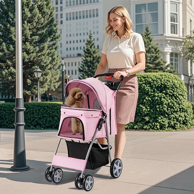 Passeggino per Cani Piccoli Pieghevole, Fino a 15 kg, Ruote 360° con Freni, Cuscino, Porta Doppio, Finestre, Cestino, Portabicchieri, Carrozzina Portatile (Rosa)