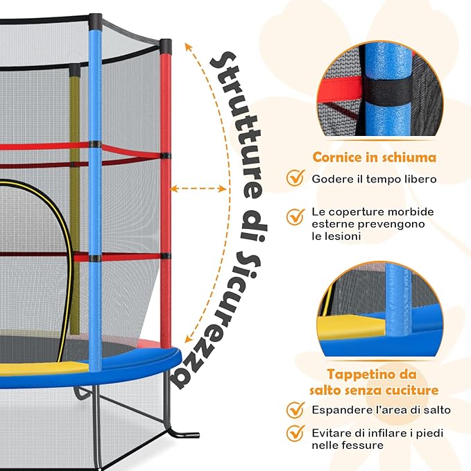 Trampolino Elastico Bambino in Acciaio, Tappeto Elastico Bambini da Esterno e da Interno, con Rete e Cusicnetti Antiscivolo