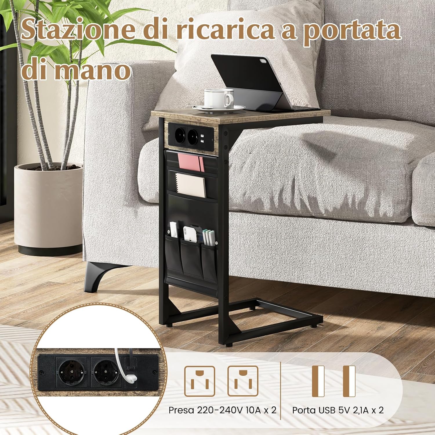 Set di 2 Tavolini a Forma di C, Tavolino da Divano e Letto in Metallo con 2 Prese Elettriche, 2 Porte USB e Tasca Laterale, Comodino per Piccoli Spazi, Salotto e Camera da Letto