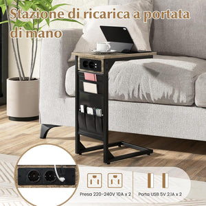 Set di 2 Tavolini a Forma di C, Tavolino da Divano e Letto in Metallo con 2 Prese Elettriche, 2 Porte USB e Tasca Laterale, Comodino per Piccoli Spazi, Salotto e Camera da Letto
