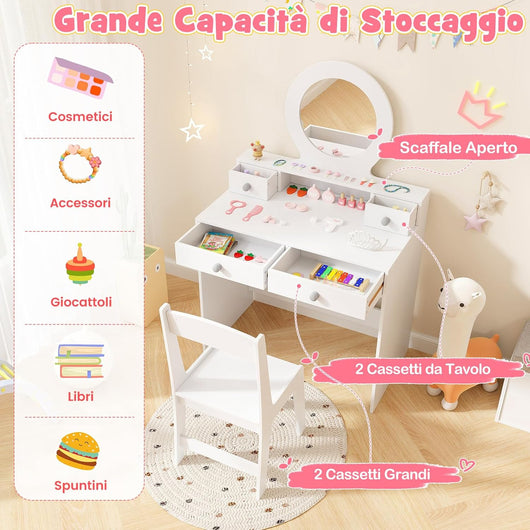 Set Toeletta Trucco per Bambina con Sedia a Schienane, Tavolo Trucco con Specchio Acrilico Rotondo, Postazione Trucco con 2 Cassetti Grandi e 2 Piccoli, per Bambine 3+ Anni, Bianco