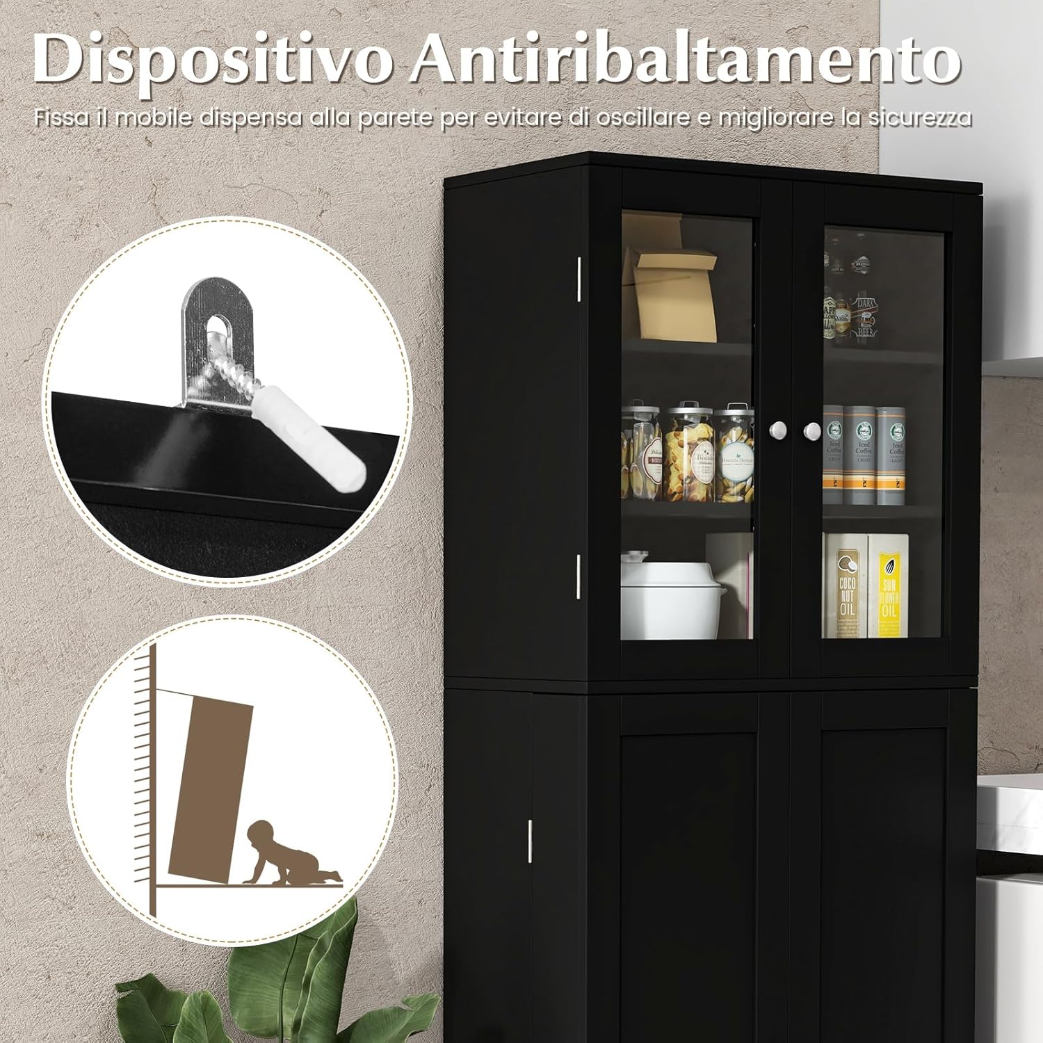 Credenza da Cucina, Dispensa da Cucina con Doppia Porta in Vetro Temperato, Design Antiribaltamento, Ideale per Soggiorno Sala da Pranzo e Cucina, 60x31,5x161,5 cm (Nero)