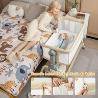 Culla Neonato Fianco 4 in 1, Culla Co-sleeping con Spondina Aperto, Altezza Regolabile, Inclinabile, Materasso Ruote Borsa da Viaggio Zanzariera Inclusi, 0-6 Mesi Fino a 9 kg (Beige)