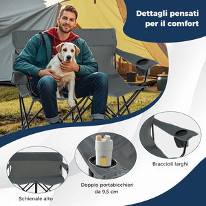 Sedia da Campeggio Doppia, Poltrona Pieghevole per 2 Persone con Portabicchieri, Borsa per il Trasporto, Sedia da Giardino Portatile per Spiaggia, Picnic, Pesca, Portata 300 kg (Grigio)