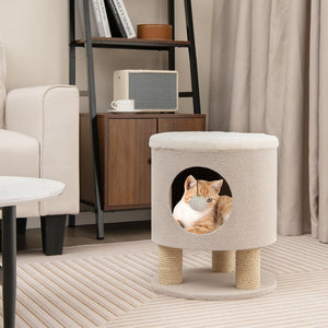 Casetta per Animali Domestici, Cuccia per Gatti con Pali Tiragraffi e Pallina di Peluche, Mobile Multiuso 3-IN-1 per Gatti Piccoli e Medi (Beige)