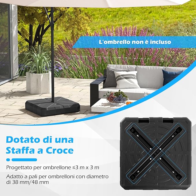 Base per Ombrello, Base Pesante Riempibile 45 L/60 kg con Acqua o Sabbia, Supporto per Ombrello da Patio Portatile 38/48 mm, per Giardino Piscina