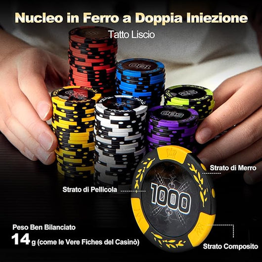 Poker Chips, Set di Fiches da Poker con 500/300 Chips e Custodia in Alluminio, Mazzo di Carte 5 Dadi, Set di Fiches per Party Viaggi e Feste (500 chips)
