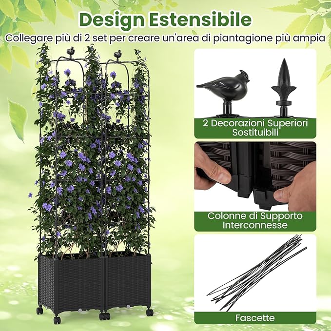 Traliccio per Rampicanti da Esterno, Obelisco Regolabile in Altezza tra 106-211 cm con Vasca per Piante e Ruote Bloccabili, Obelisco in Metallo per Fiori, Frutti e Verdure