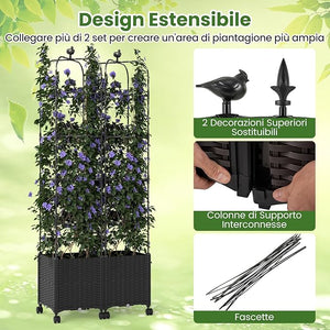 Traliccio per Rampicanti da Esterno, Obelisco Regolabile in Altezza tra 106-211 cm con Vasca per Piante e Ruote Bloccabili, Obelisco in Metallo per Fiori, Frutti e Verdure