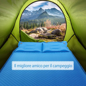 Materassino Campeggio Autogonfiabile per 2 Persone, Materassino da Campeggio Doppio con Cuscino, Veloce da Gonfiare e Sgonfiare, Impermeabile, per Spiaggia, Montagna e Campeggio (Blu)