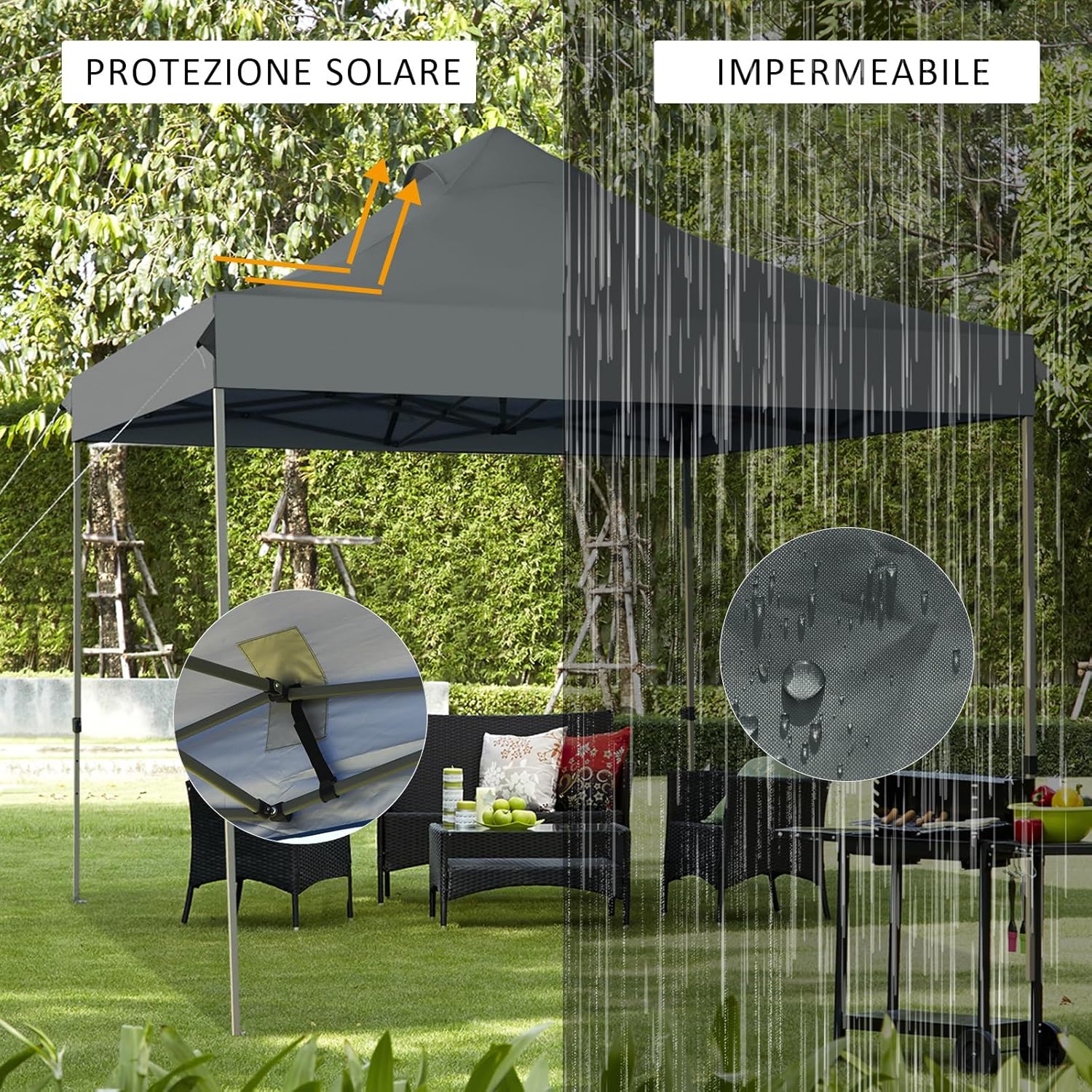 Gazebo Pieghevole da Giardino 3 x 3 m, Gazebo da Esterno con Design Pop Up, Borsa a Ruote, 3 Altezza Regolabile, Ideale per Feste, Giardino e Spiaggia(Grigio)