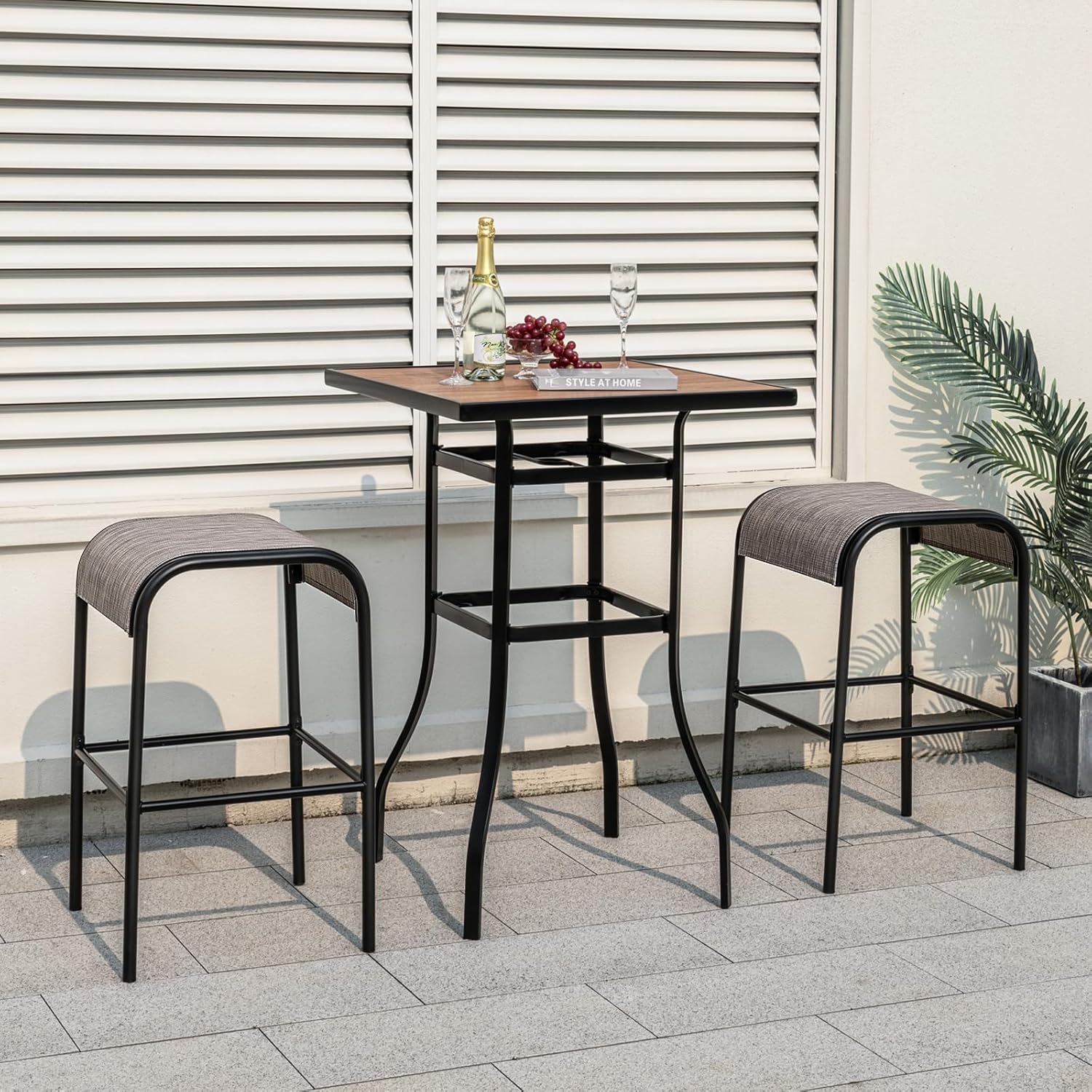 Set di 2 Sgabelli da Giardino,Sgabello da Giardino in Tessuto Texlilene, Sgabello da Bar da 76 cm, con Seduta Curva in Tessuto, Struttura in Metallo, Portata 180 kg, 47 x 47 x 76 cm