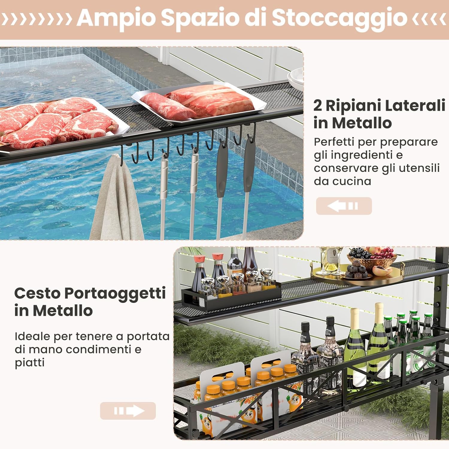 Gazebo per Barbecue, Pergola per BBQ con 2 Ripiani Laterali, Cestino, Ganci Appendiutensili, Apribottiglie, Copertura a 2 Livelli, per Giardino e Cortile, 242 x 153 x 250 cm (Marrone)