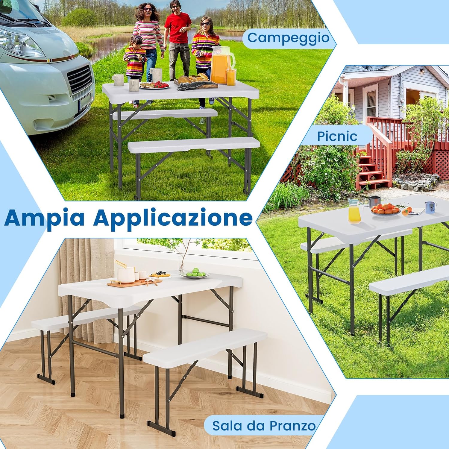 Tavolo e Sedie da Giardino, Set Tavolo da Picnic Pieghevole con 2 Panchine, Piano in HDPE, Struttura in Metallo, Tavolo da Picnic per 4 Persone, 108 x 60 x 70 cm