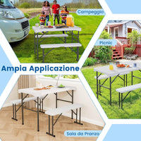 Tavolo e Sedie da Giardino, Set Tavolo da Picnic Pieghevole con 2 Panchine, Piano in HDPE, Struttura in Metallo, Tavolo da Picnic per 4 Persone, 108 x 60 x 70 cm