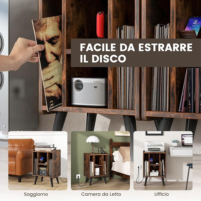 Supporto per Giradischi, Porta Vinili con 4 Ripiani Aperti, Presa di Corrente e Porta USB, con Mensole Espositive, per Soggiorno, Camera da Letto e Ufficio, 43 x 34,5 x 67,5 cm (Marrone)