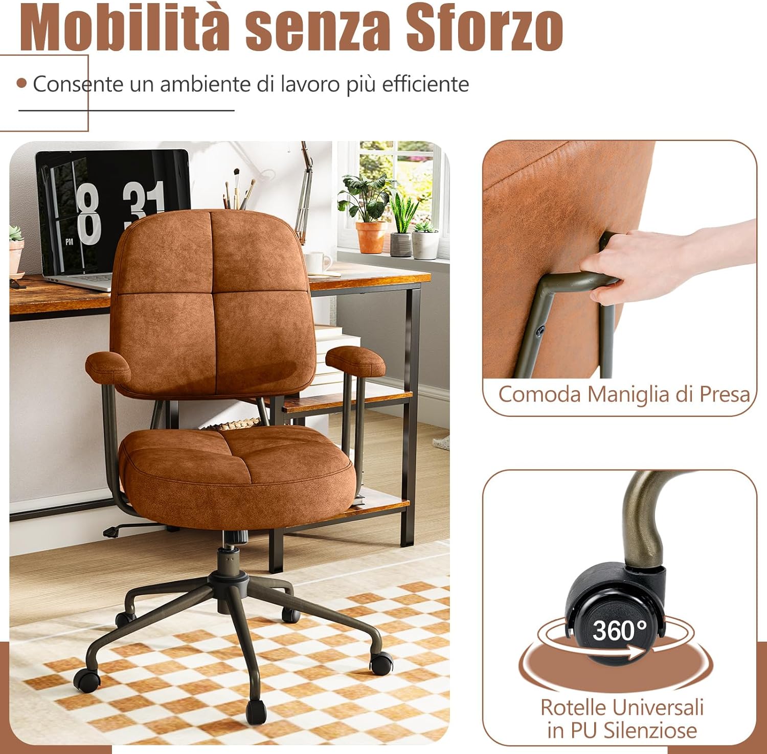 Sedia da Ufficio, con Schienale e Braccioli, Sedia Girevole Regolabile con Funzione a Dondolo e Ruote per Camera da Letto, Studio, Portata 150 kg (Marrone)