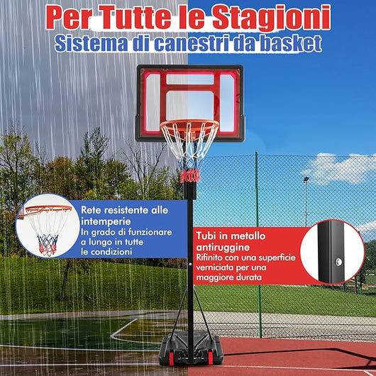 Canestro da Basket Regolabile a 10 Livelli, Canestro da Basket da Esterno Portatile con Tabellone da 82cm, 2 Ruote e Borsa